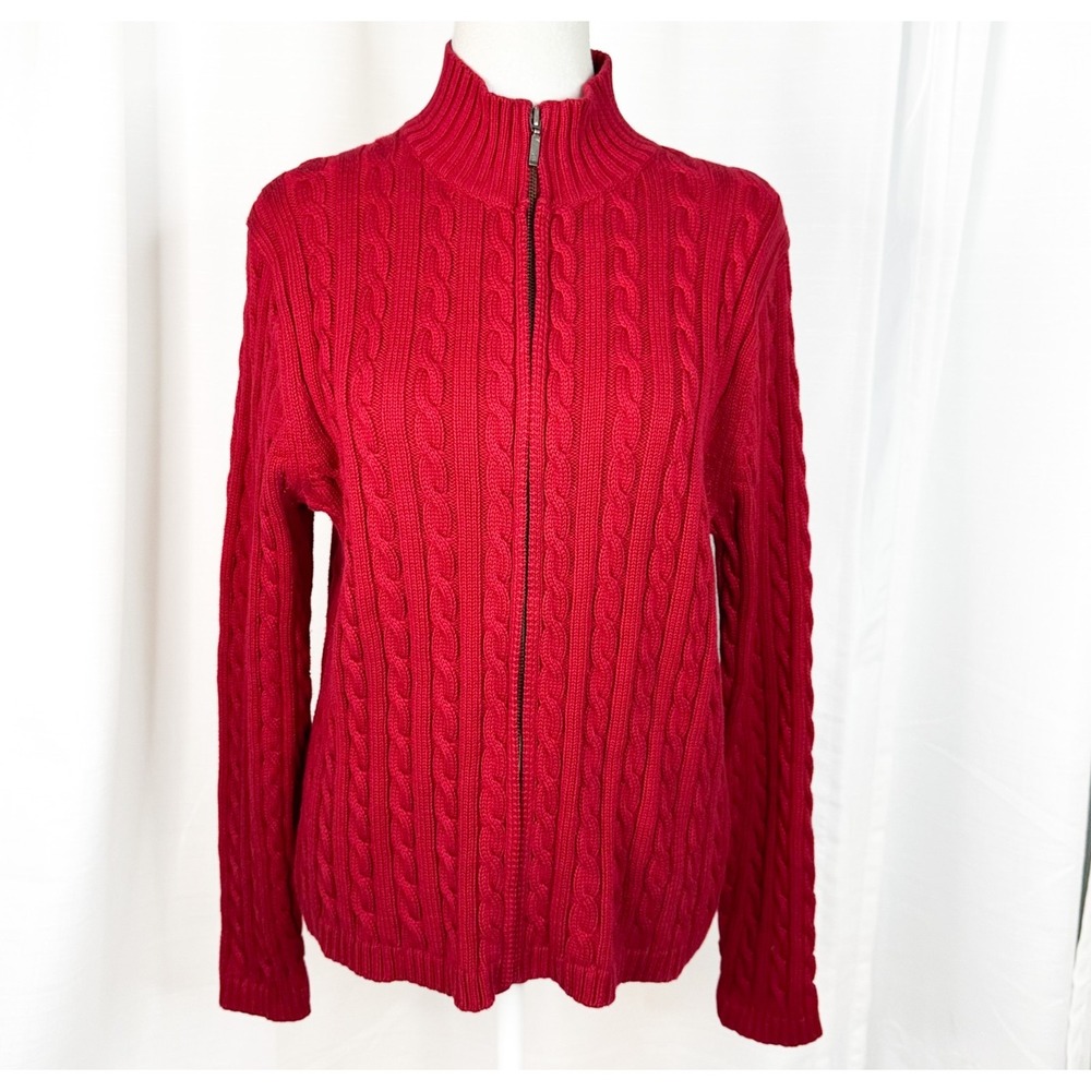 LL Bean Womens M Red Cable Knit Full Zip Sweater 100% Cotton Mock Neck Cardigan